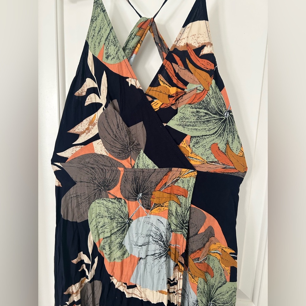 Tropical Print Navy Open Back Thigh Slit Maxi Dress Size Large - Picture 6 of 8